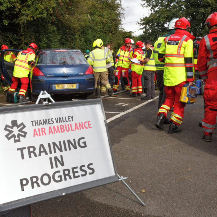 Thames Valley Air Ambulance crew training for a multi-service emergency.