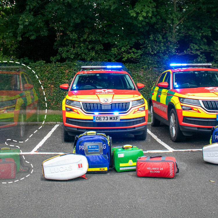 A picture of three critical care response cars shows one faded or less visible vehicle, to demonstrate the finding that one third of people don't know the air ambulance is a charity.